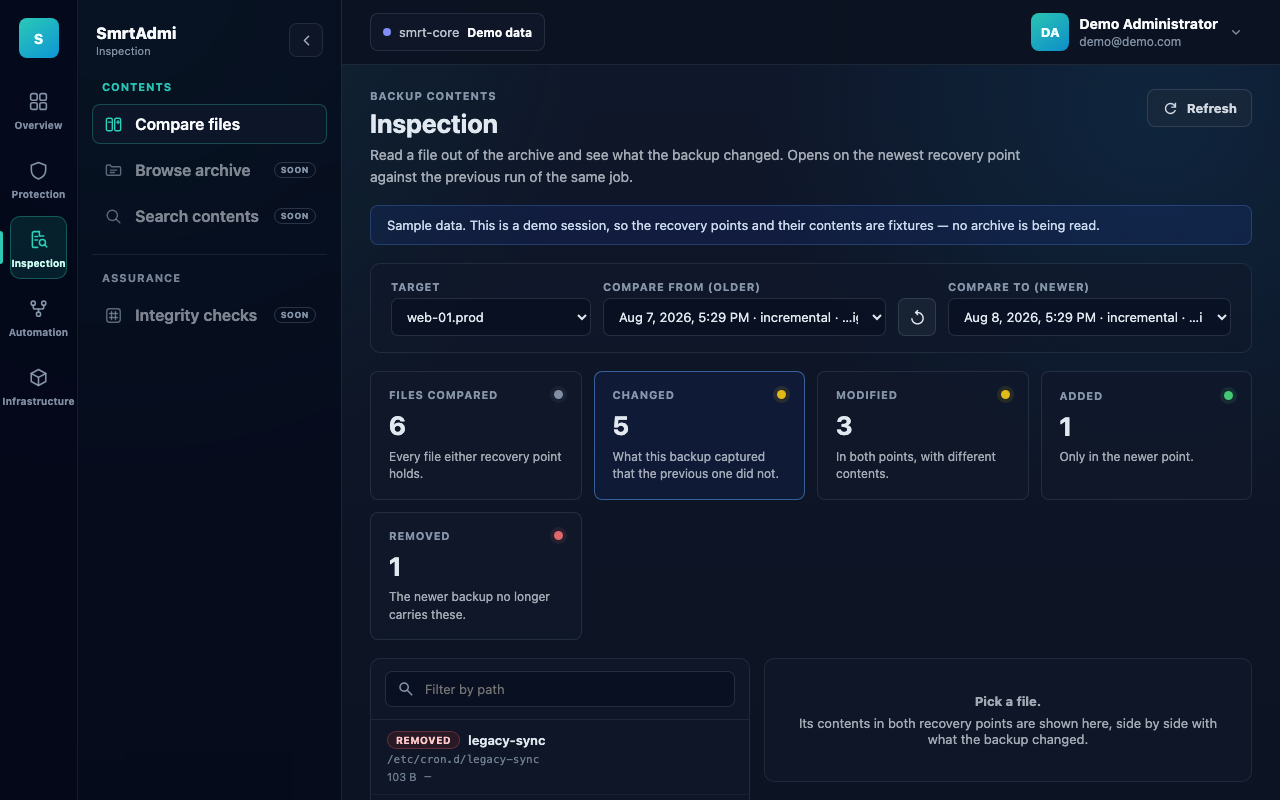 Inspection comparing two recovery points, counting files changed, modified, added and removed